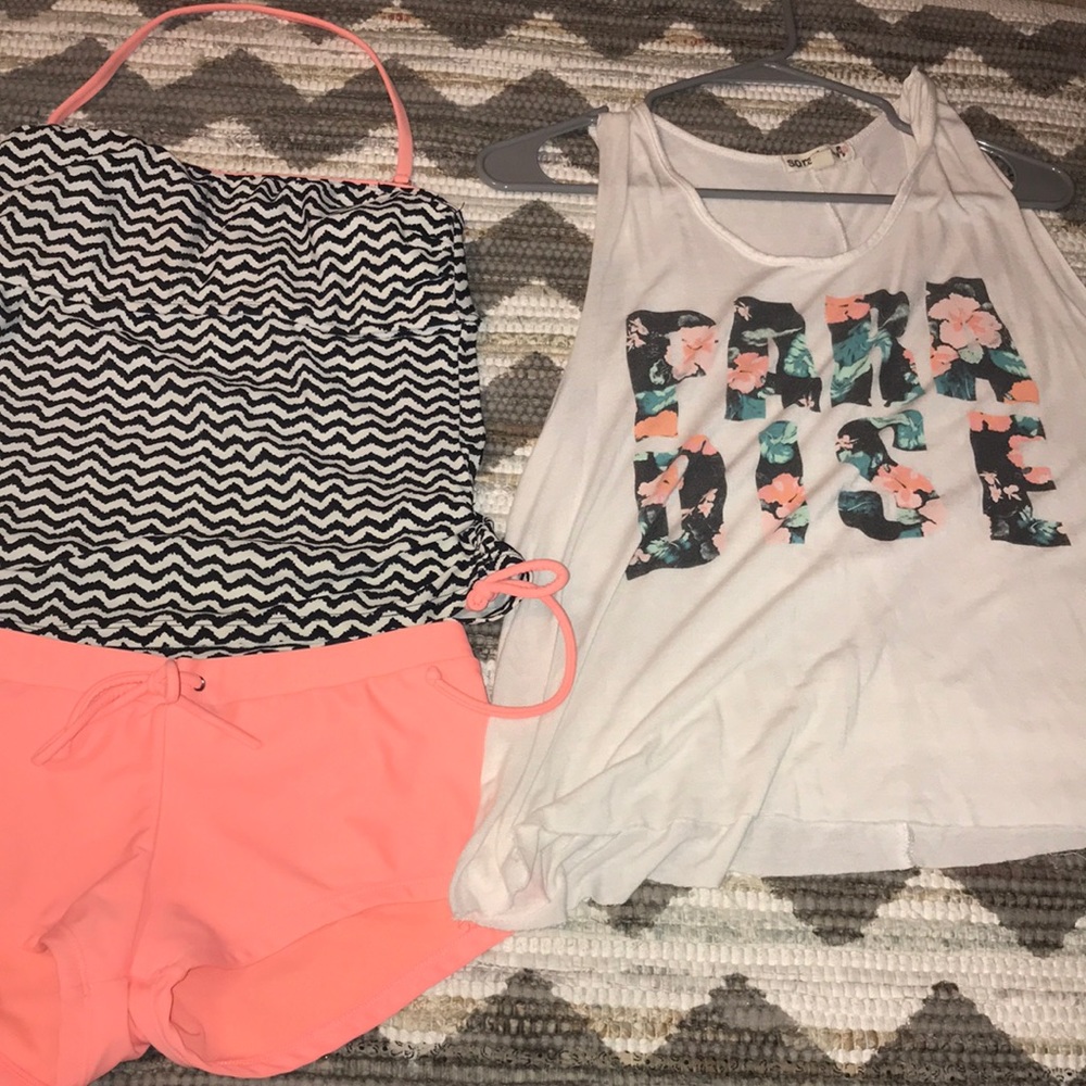 Paradise tank, full length bikini, and boyshorts